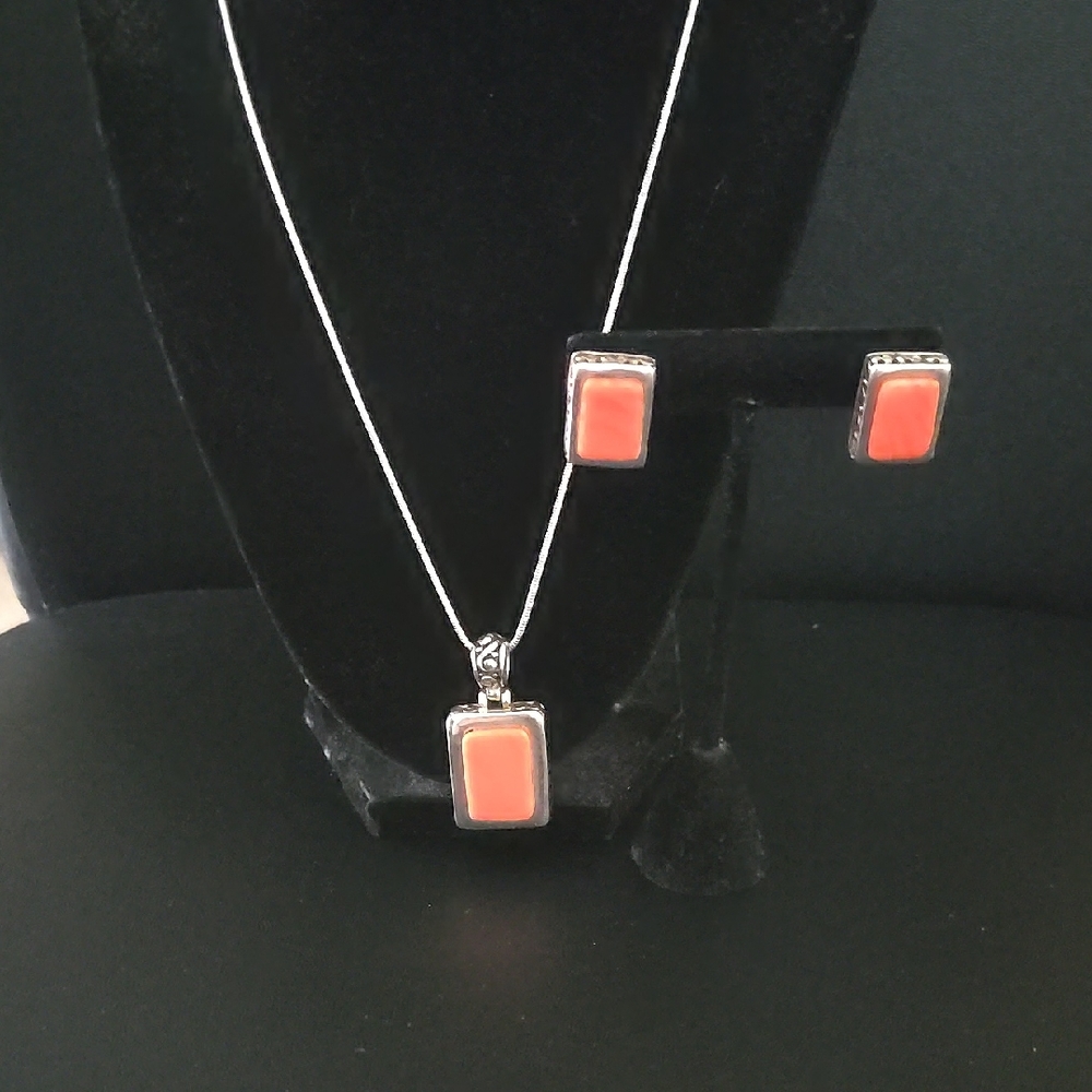 Vintage Sterling Silver Coral Pendant Necklace and Earring Set